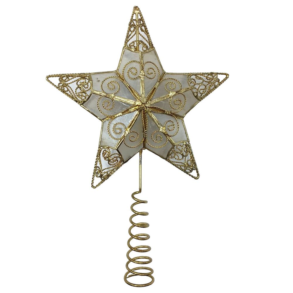 Capiz Shell 5 Point Star Christmas Tree Topper Gold Tone Metal Scroll Wire 9x6"
